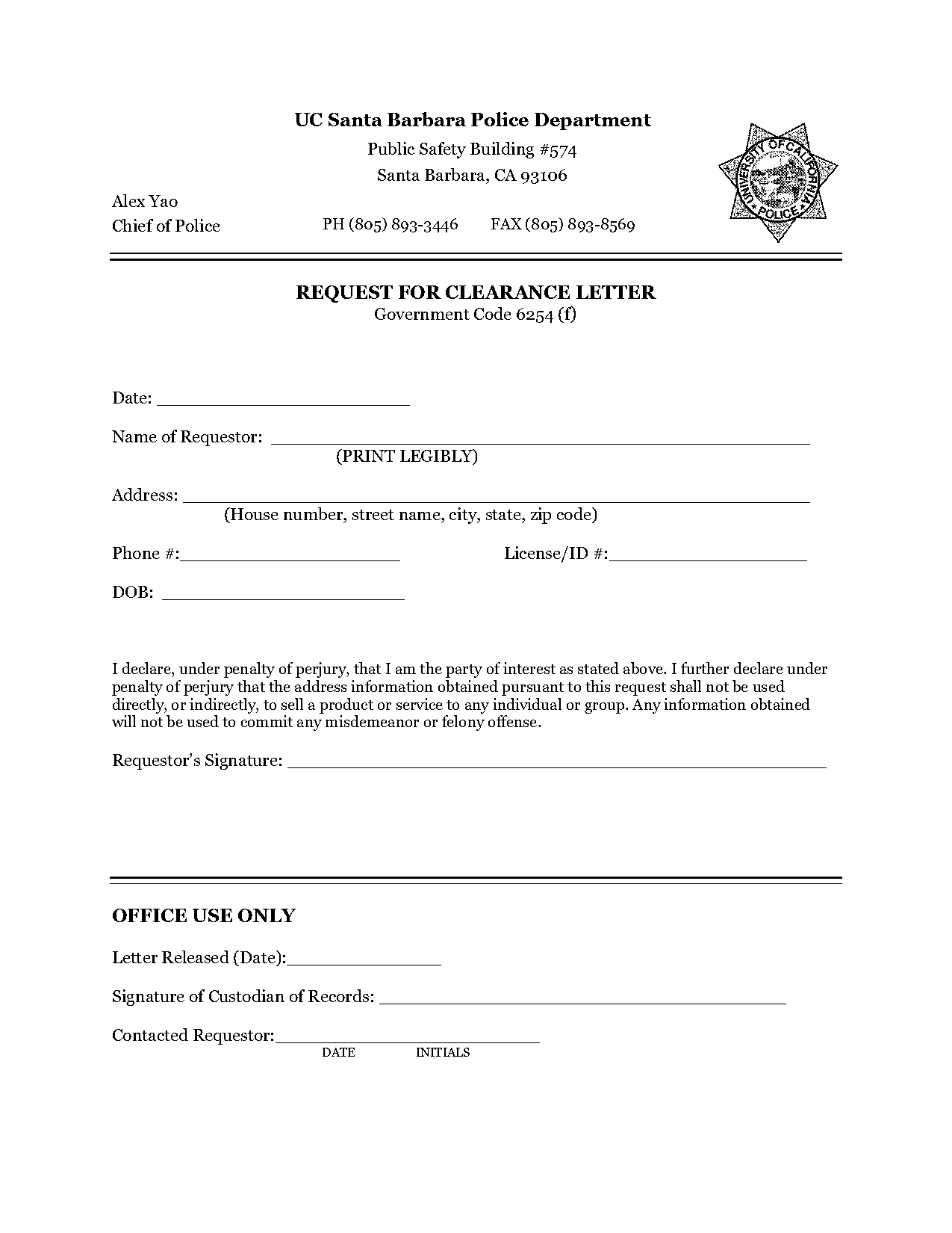 police clearance application letter